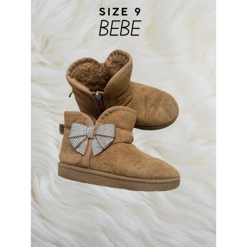 Bebe Girls Brown Faux Suede Fur Boots Rhinestone Bow Size 9